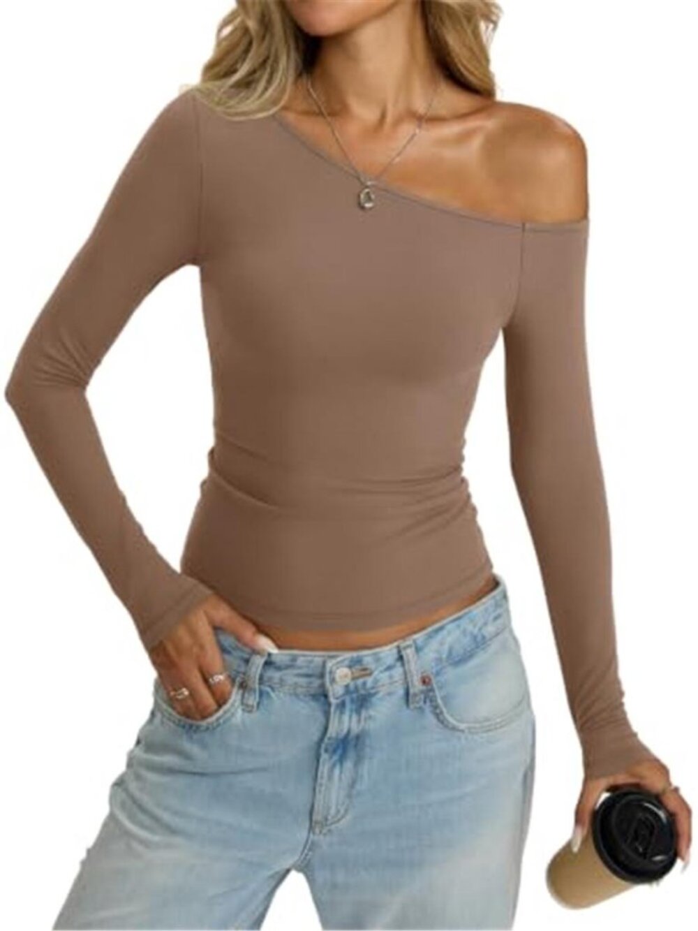 Women's Off Shoulder Fitted Top | Long Sleeve Fall Going Out Shirt - Picture 4 of 6